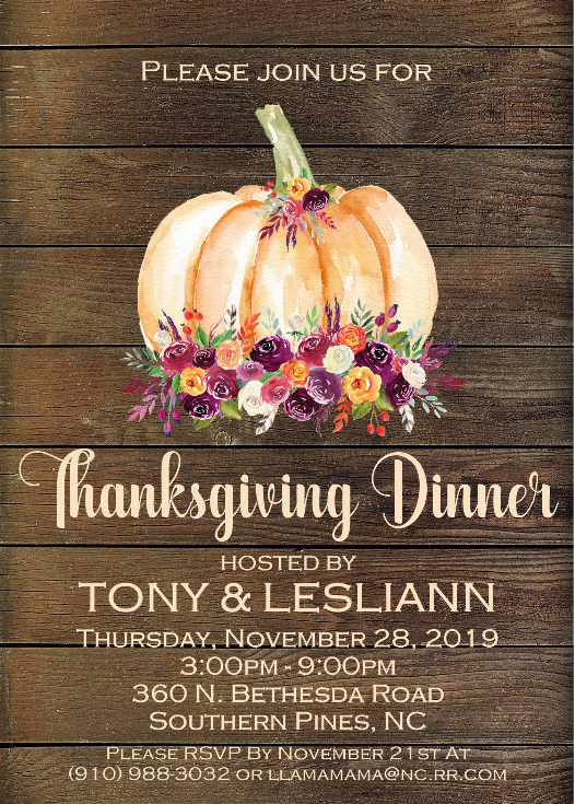 Rustic wood background Thanksgiving dinner invitation with orange floral pumpkin