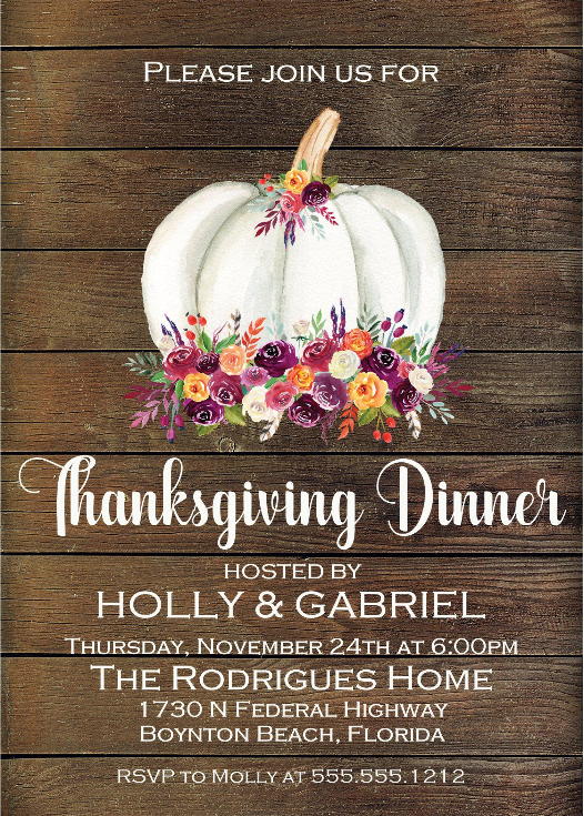 Rustic wood background Thanksgiving invitation with white floral pumpkin