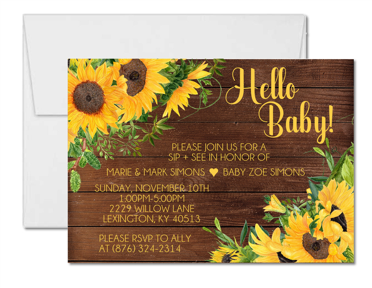 Rustic wood sunflower sip and see invitation with yellow floral artwork
