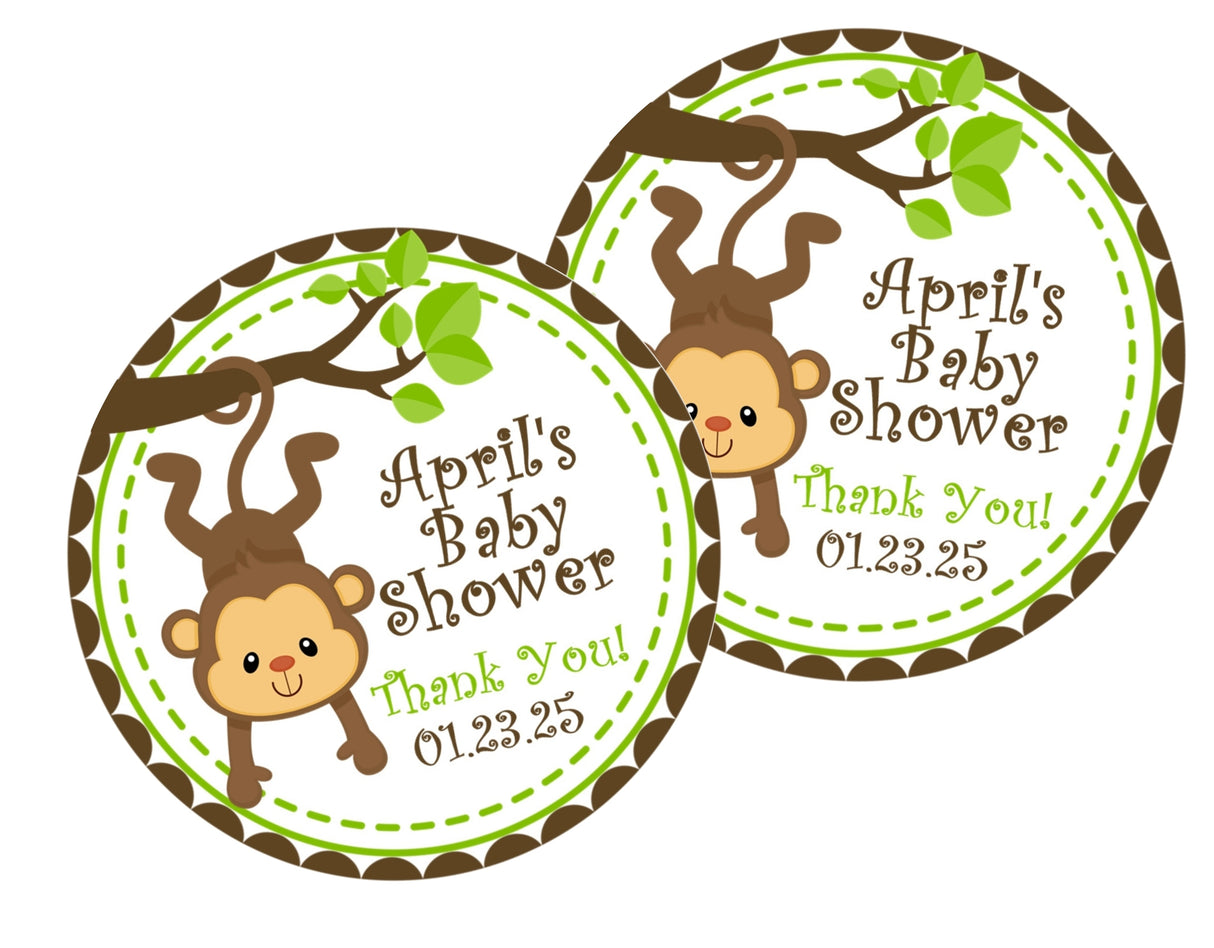 Safari monkey baby shower favor label with tree branch illustration