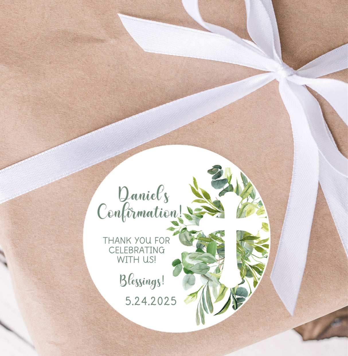 Sage green Confirmation party sticker with blessings message