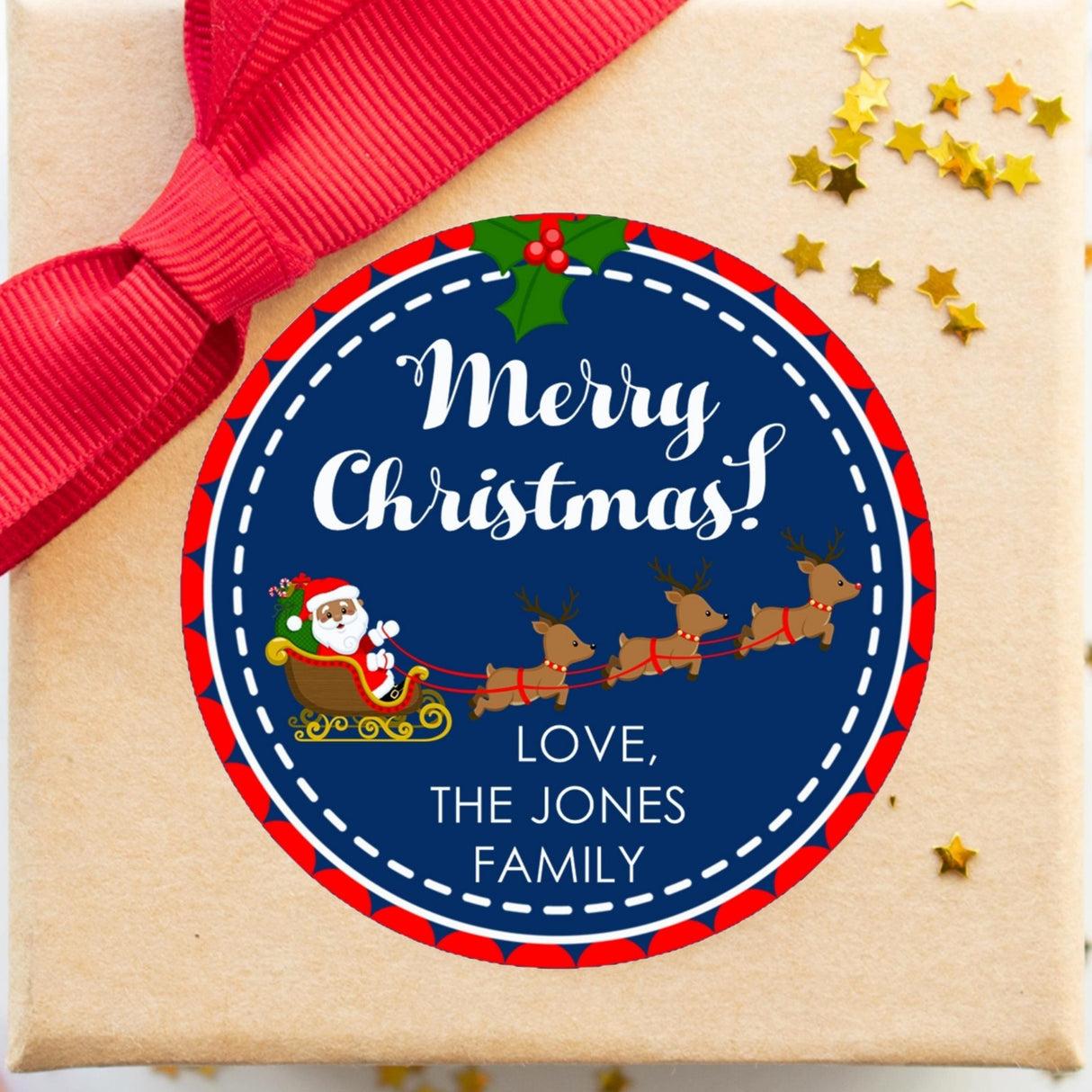 Santa sleigh reindeer Christmas stickers with festive winter design