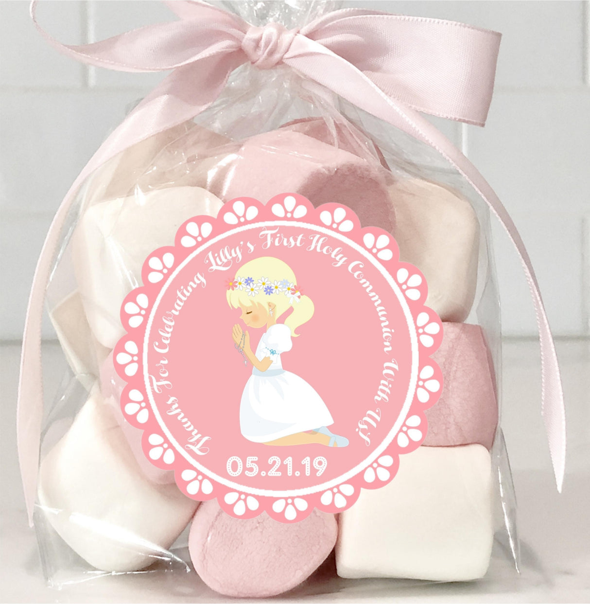 Scalloped pink Communion favor label for girls