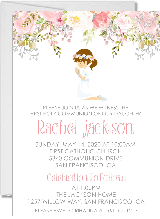 Floral first holy communion invitation for girls