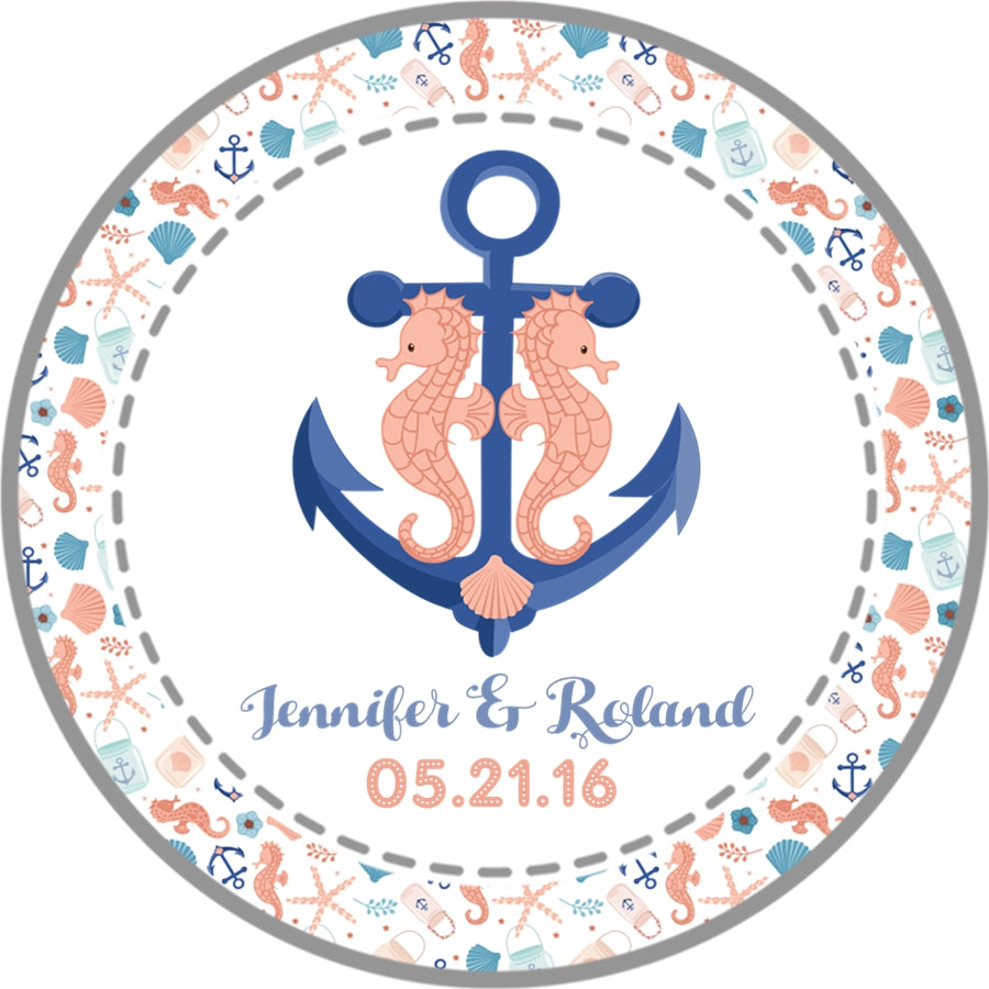 Seahorse wedding favor label customized with couple names and wedding date