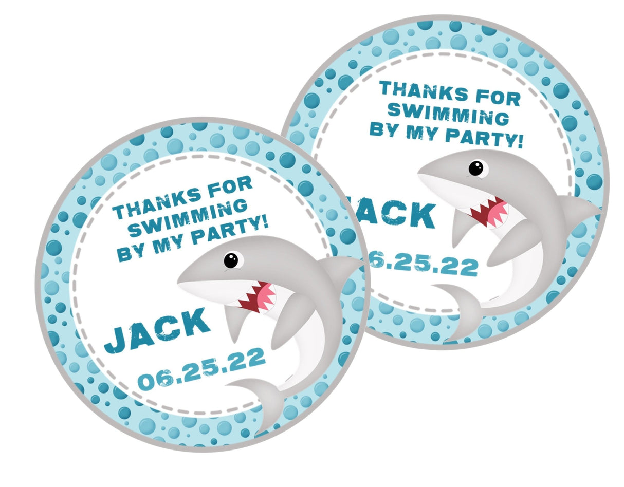 Shark party favor label with bubble border
