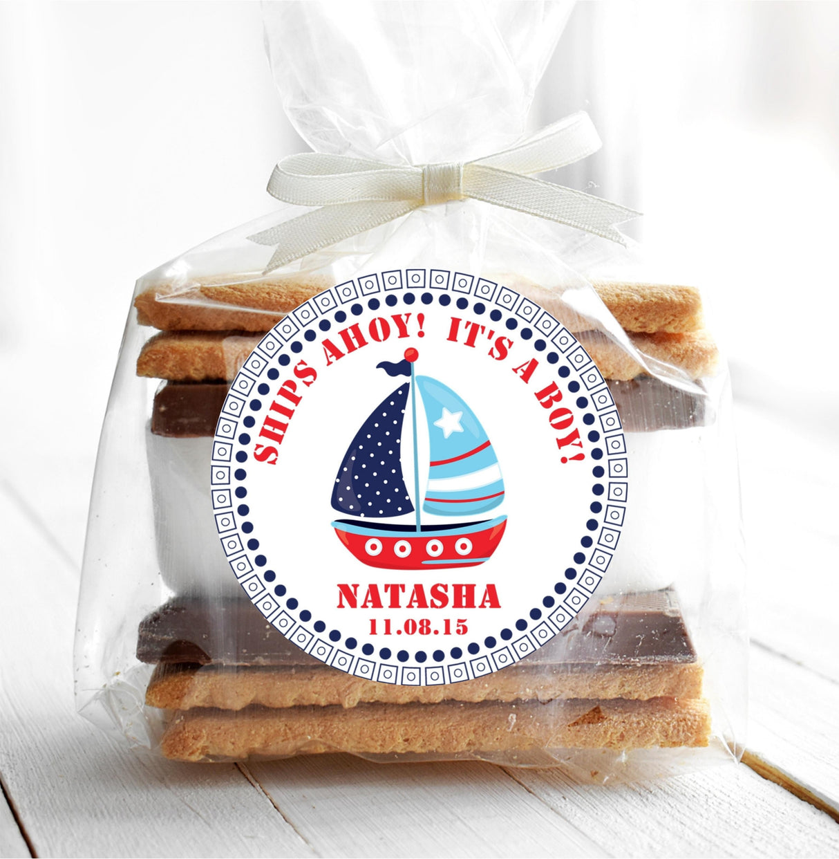 Ships Ahoy baby shower sticker red blue