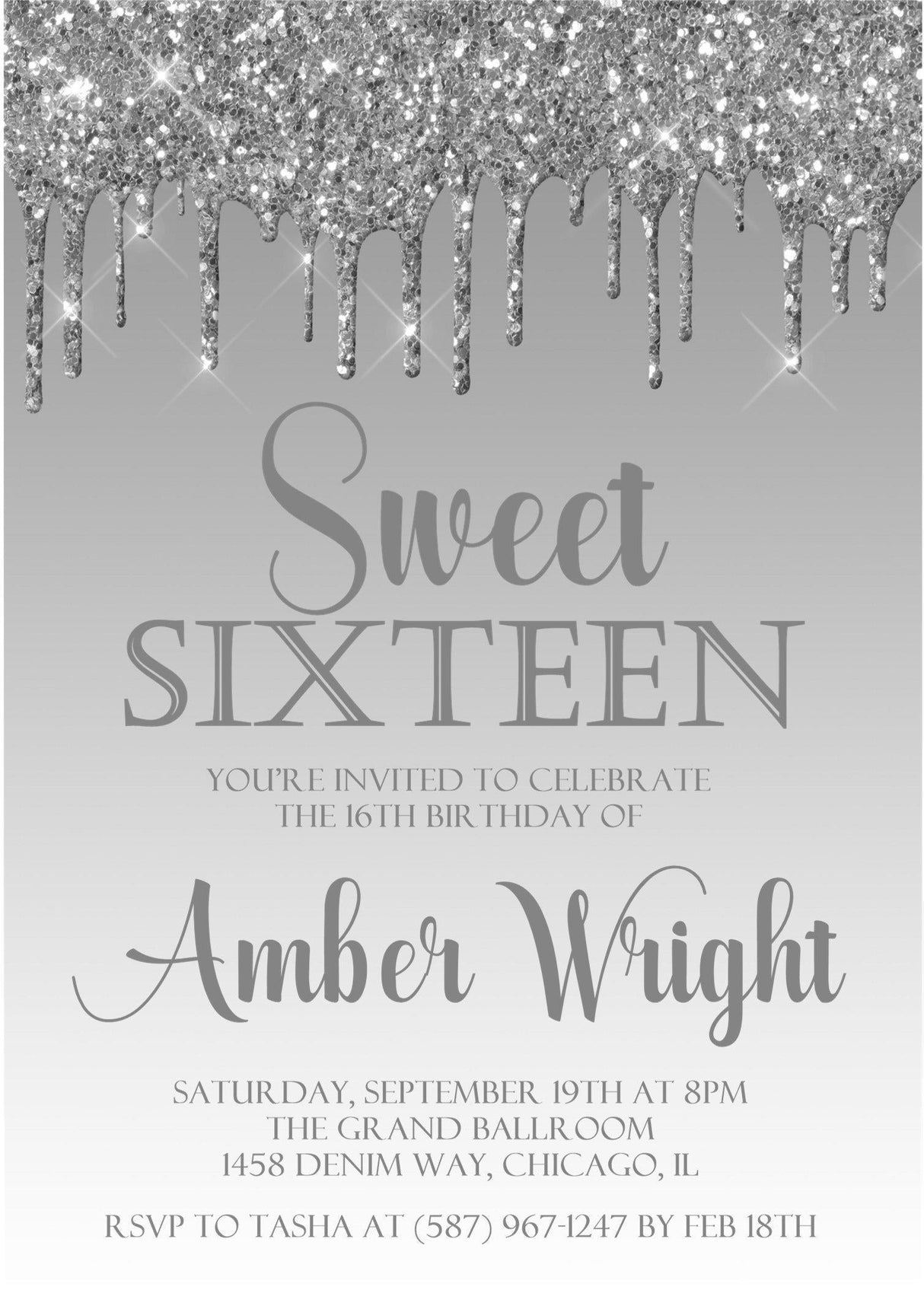 Silver Grey Sweet 16 Party Invitations
