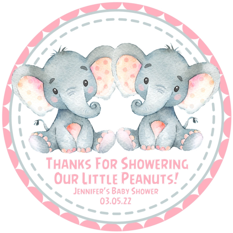 Single and twin elephant baby shower stickers for favors and decorations