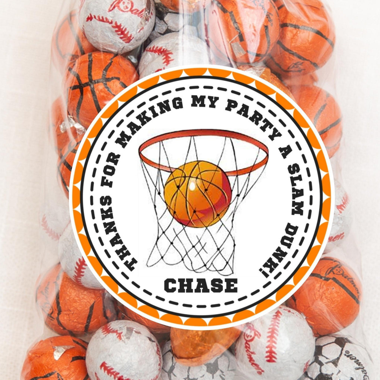 Slam dunk basketball birthday sticker with ball and net