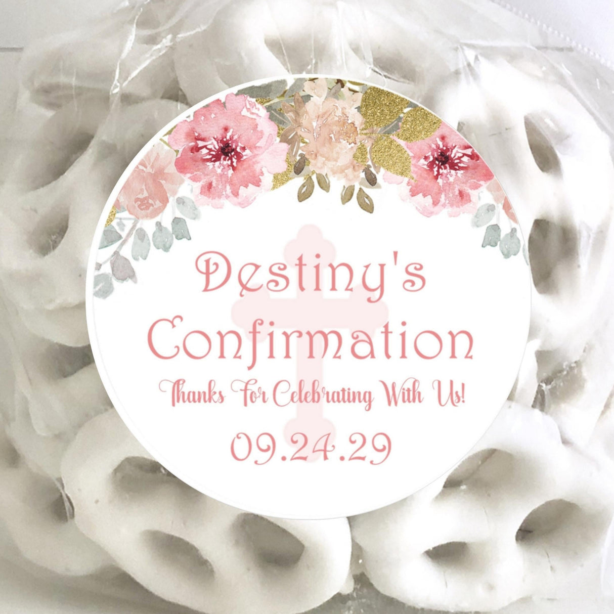 Soft pink watercolor floral Confirmation sticker with personalized wording