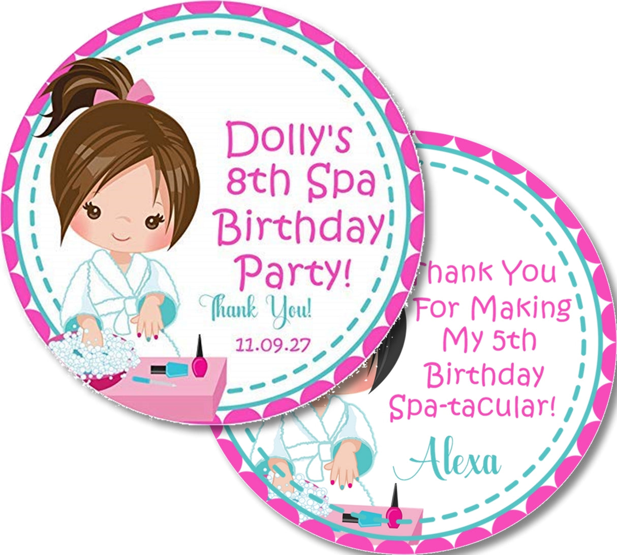 Spa birthday sticker featuring bubbles, polish bottles, and spa elements