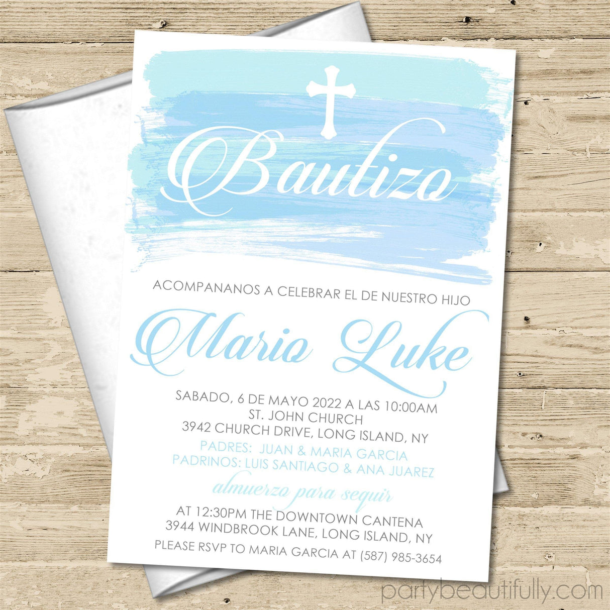 Spanish Blue Watercolor Baptism Invitations