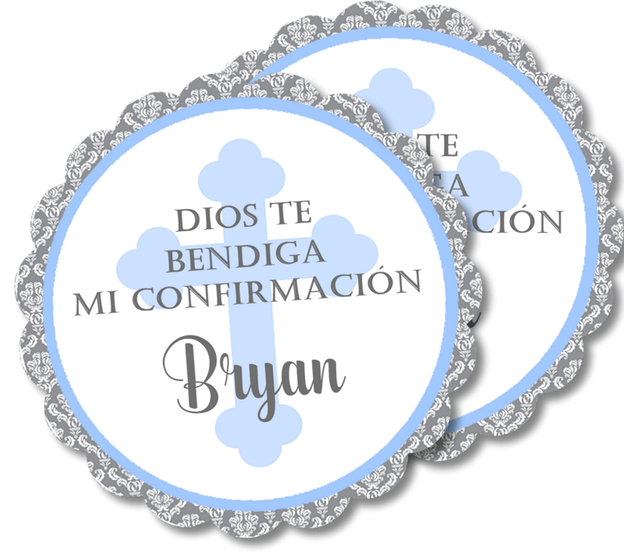 Spanish Confirmation favor label in blue and gray