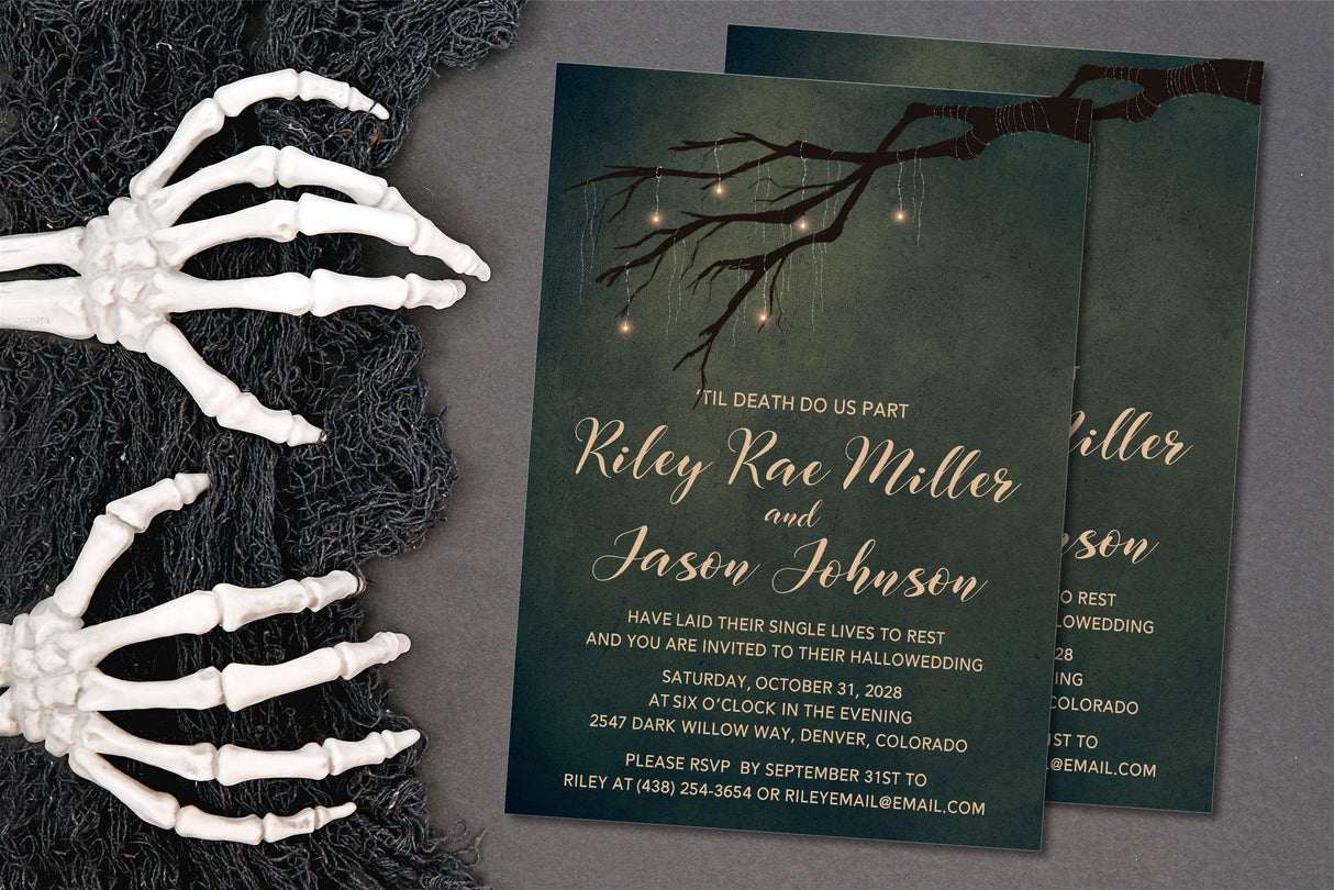 Spooky Olive Green Halloween Wedding Invitations