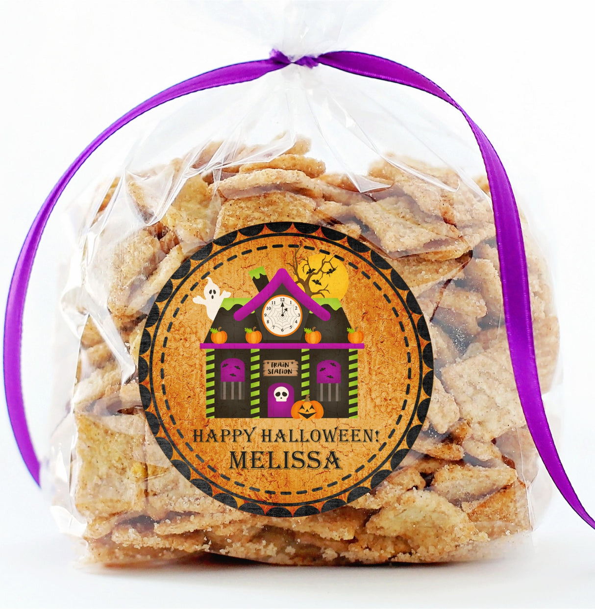 Spooky house Halloween party sticker on orange background