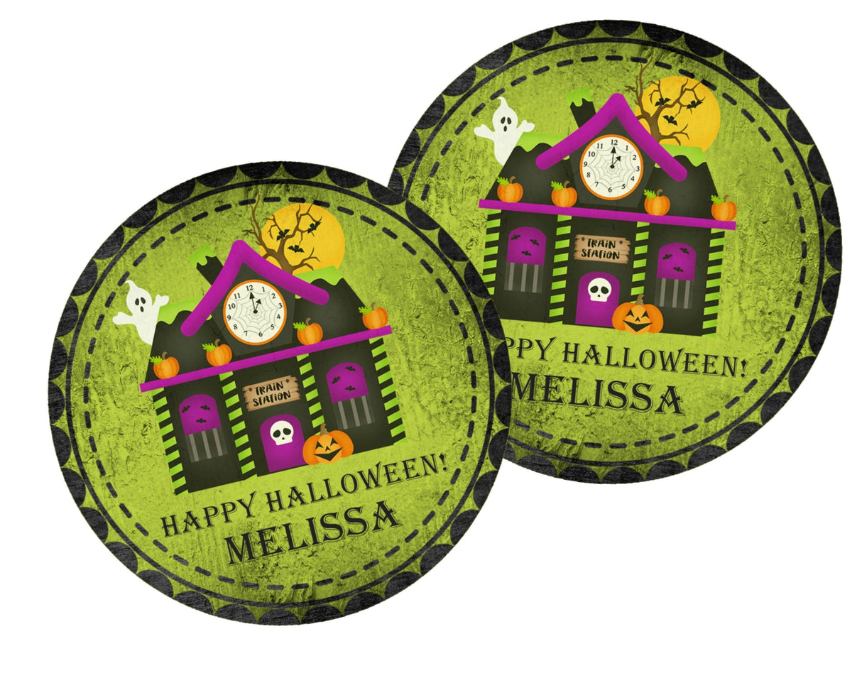 Spooky train station house Halloween favor label