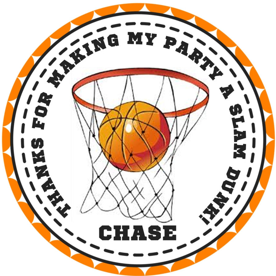 Sports basketball birthday sticker with hoop design and custom text