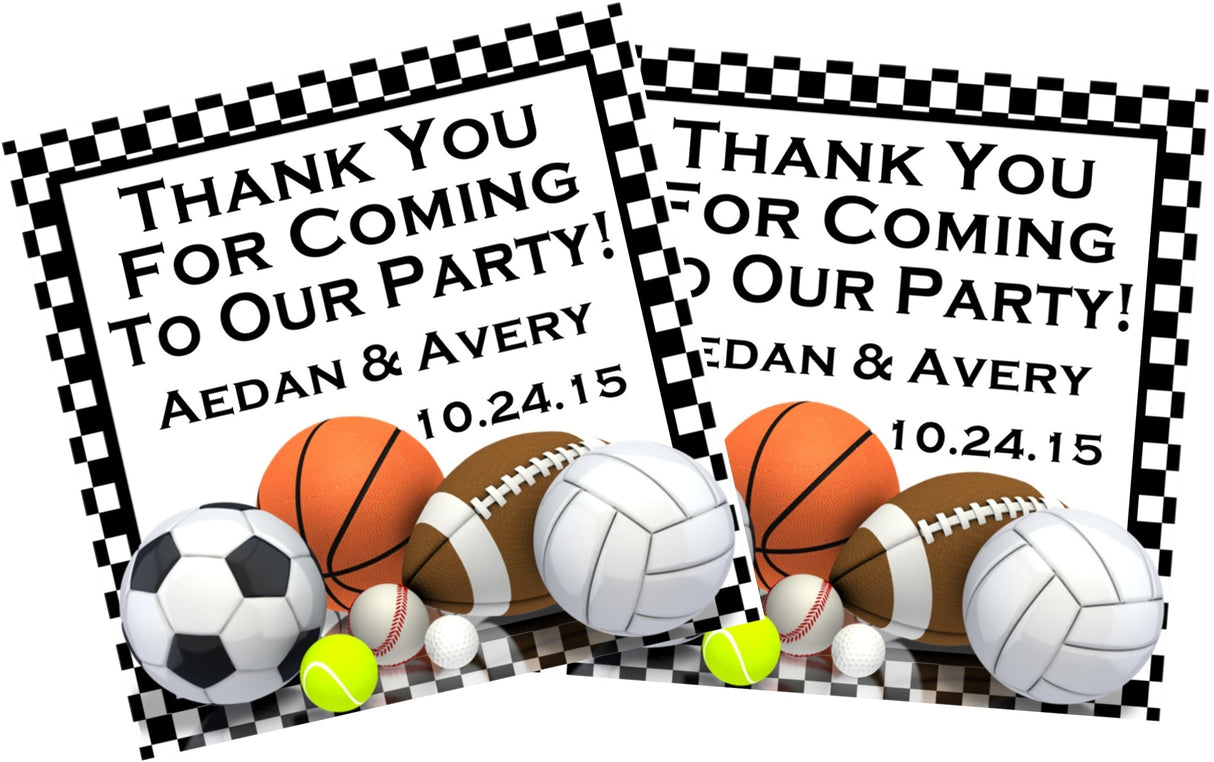 Sports party favor sticker with soccer, basketball, football, baseball, and tennis graphics