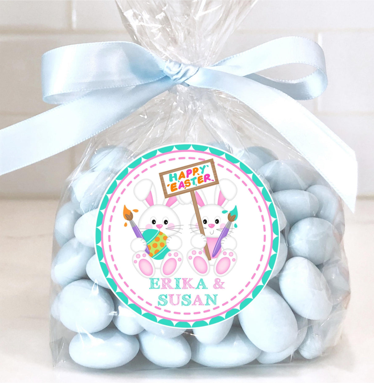 Spring Easter sticker with two bunnies and bright colors