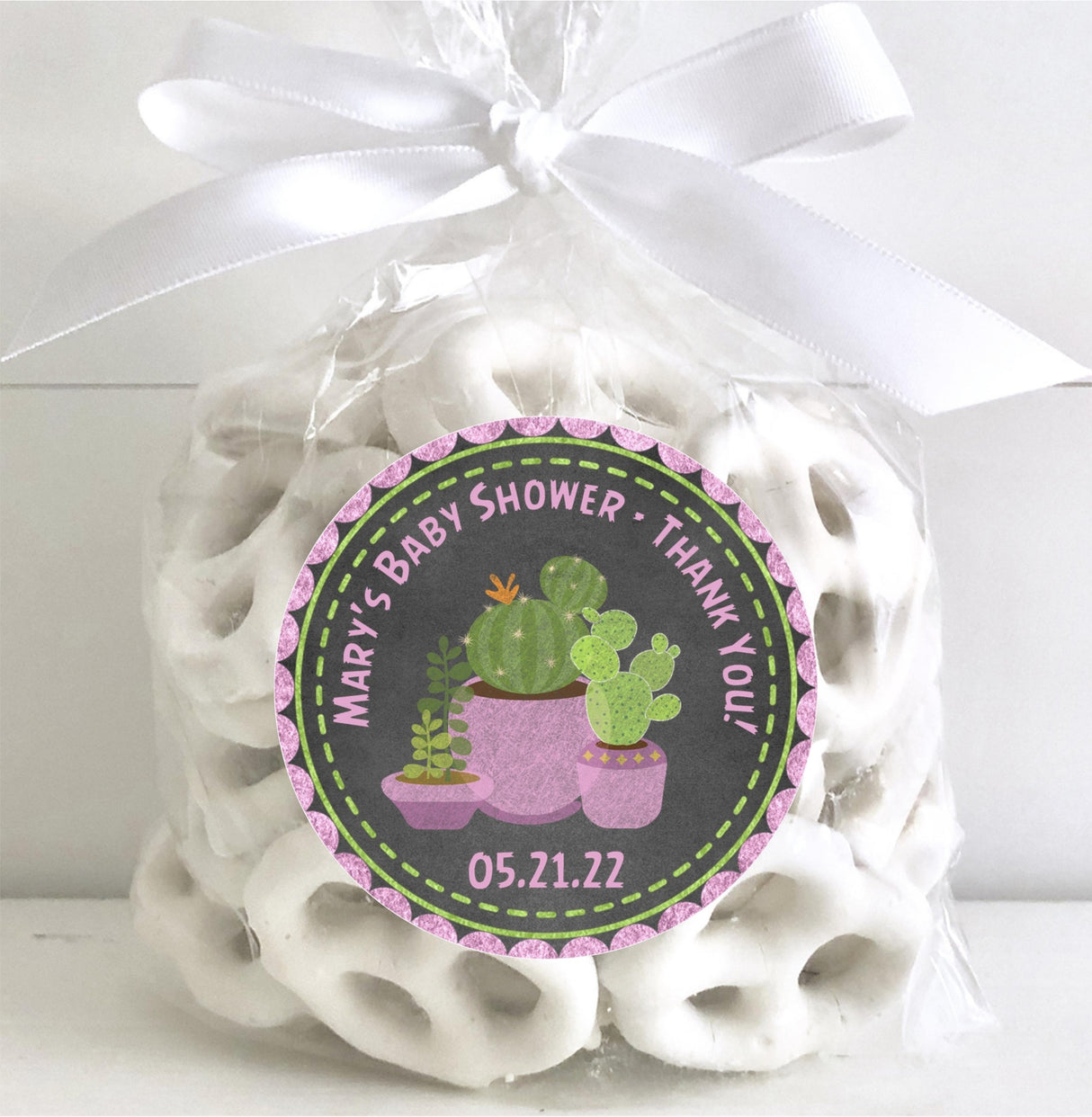 Succulent baby shower favor sticker featuring cheerful cactus garden design