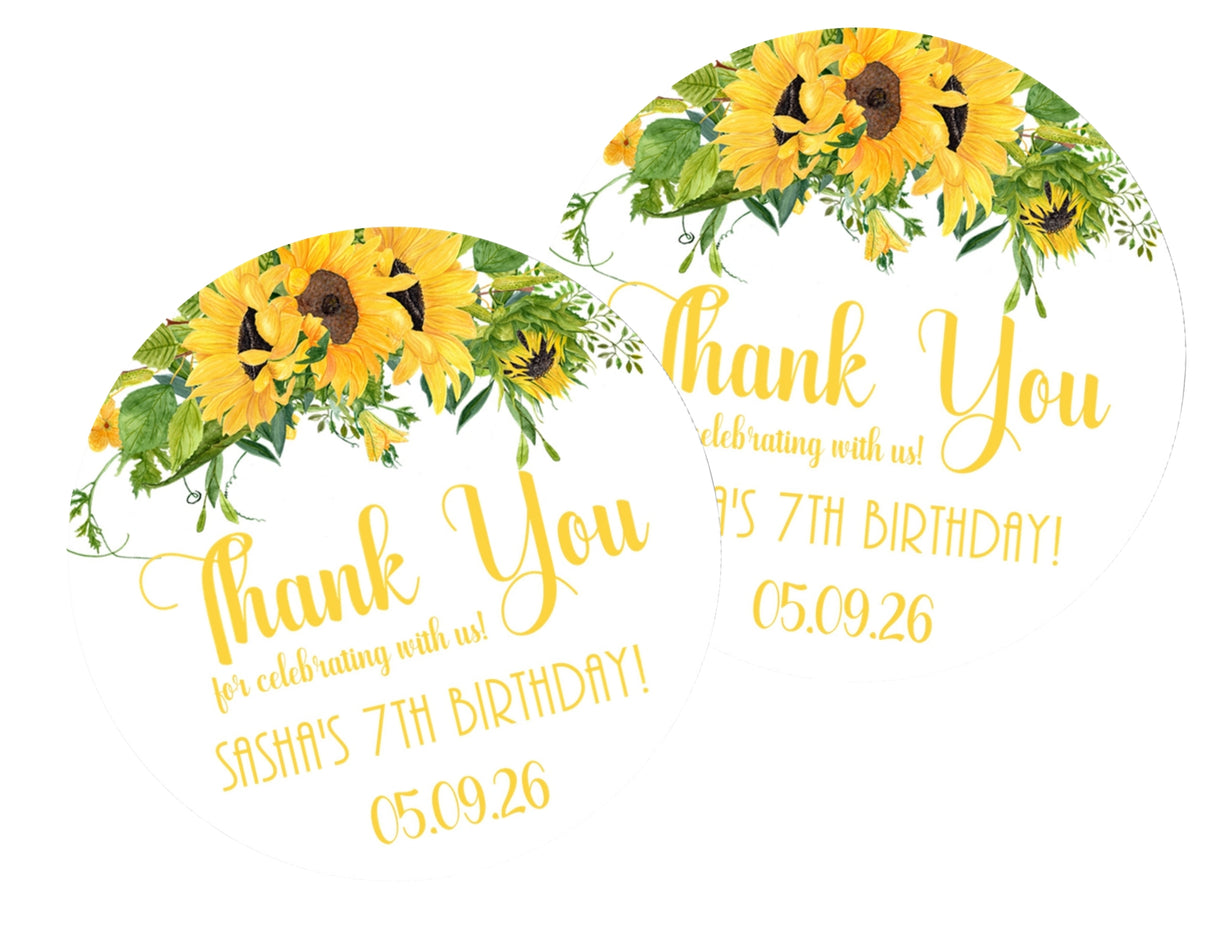 Sunflower birthday sticker with personalized thank-you message
