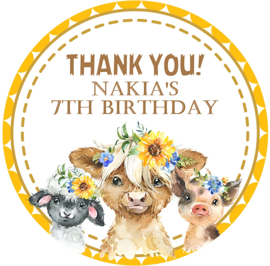 Sunflower farm animal birthday sticker cows sheep pig design