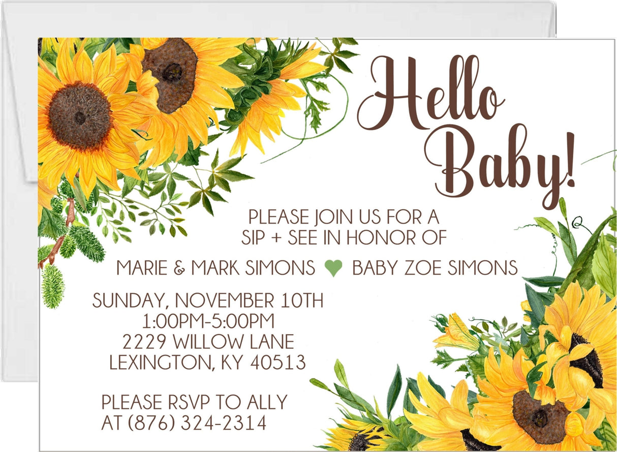 Sunflower sip and see invitation with light background and Hello Baby design