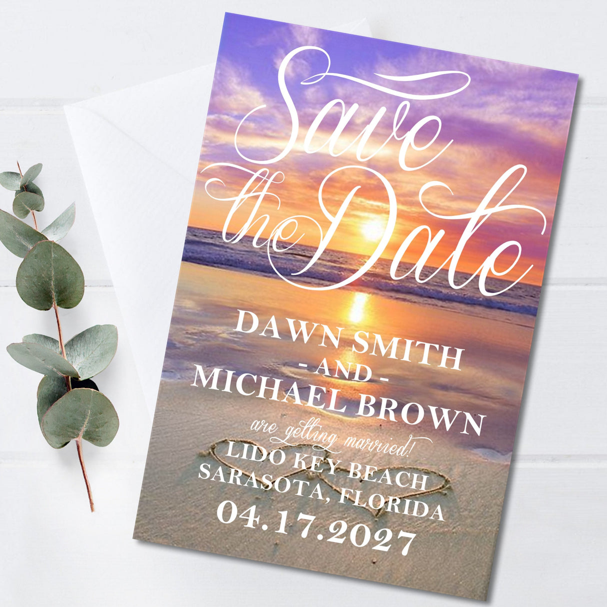 Sunset beach wedding save the dates