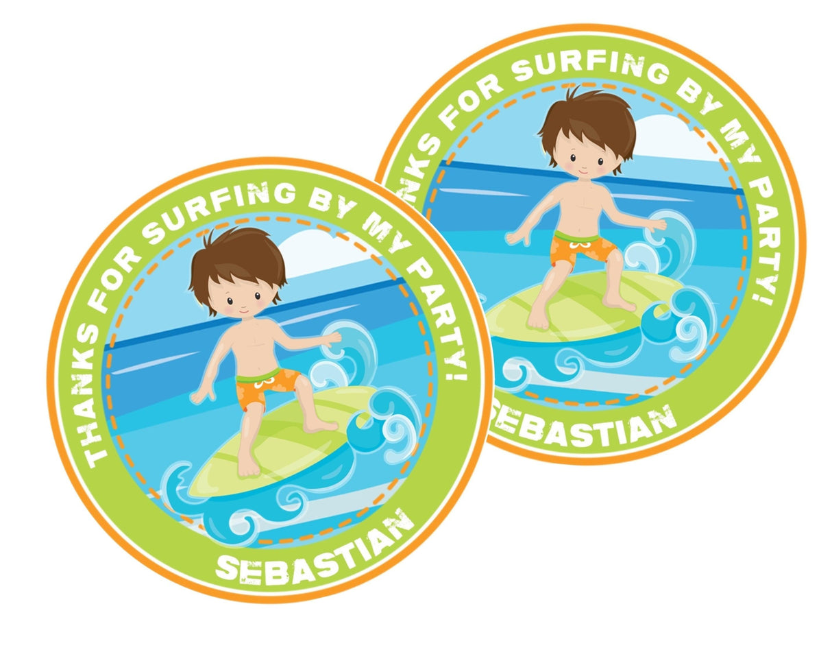 Surf party favor sticker with ocean wave design