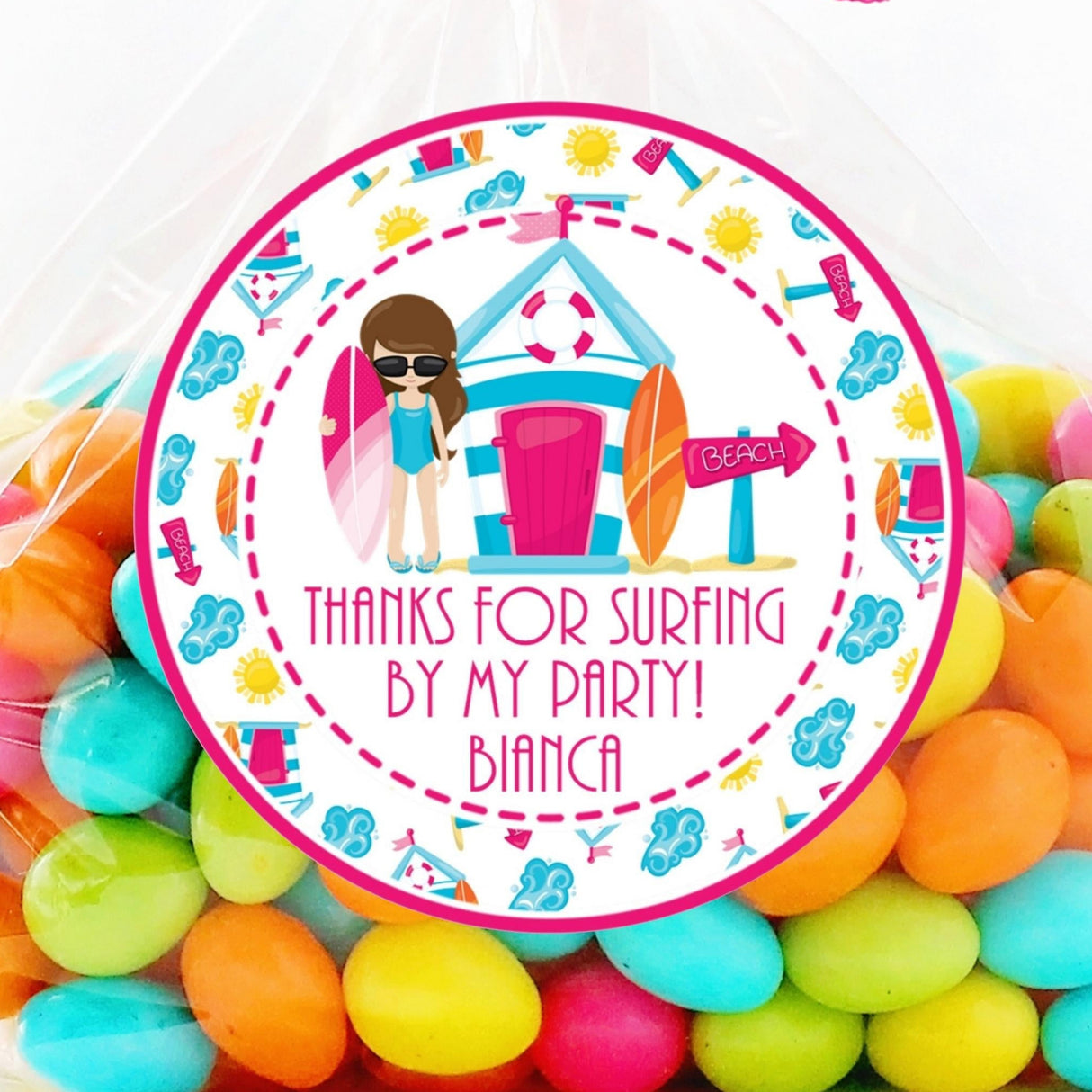 Surfing girl birthday sticker with beach hut