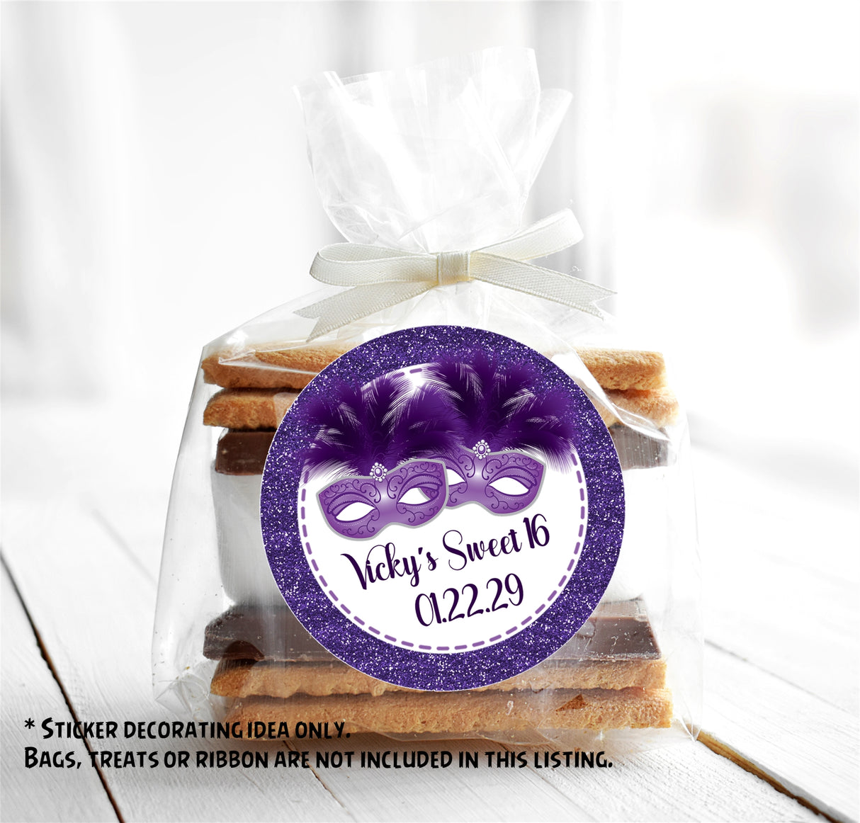 Sweet 16 purple masquerade sticker with feathers and custom name