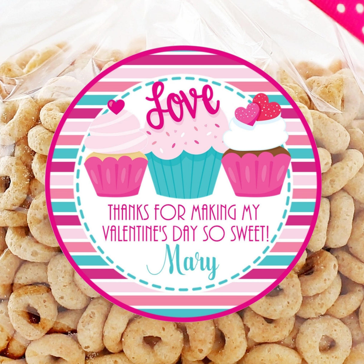 Sweet cupcake Valentine sticker with striped pink background