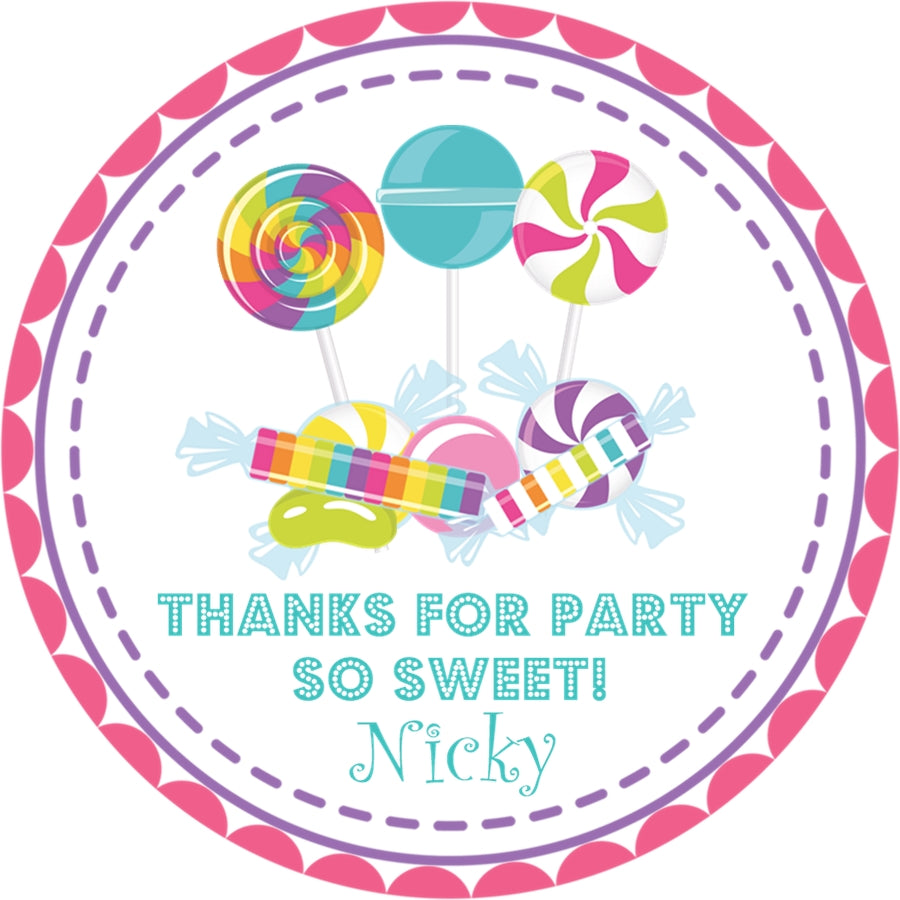 Sweet treat party sticker with candy theme and personalized name