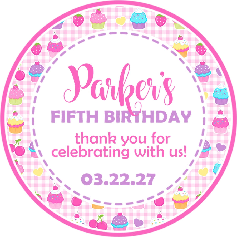 Sweet treat party sticker with cupcakes and soft pastel colors