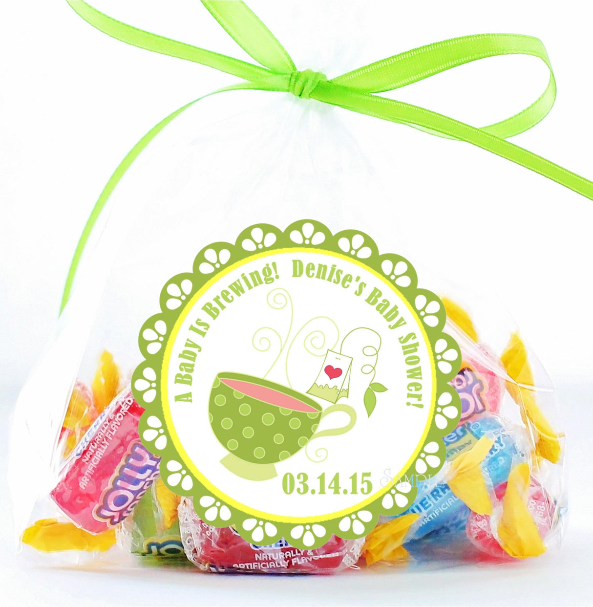 Tea party baby shower favor label with green polka-dot teacup