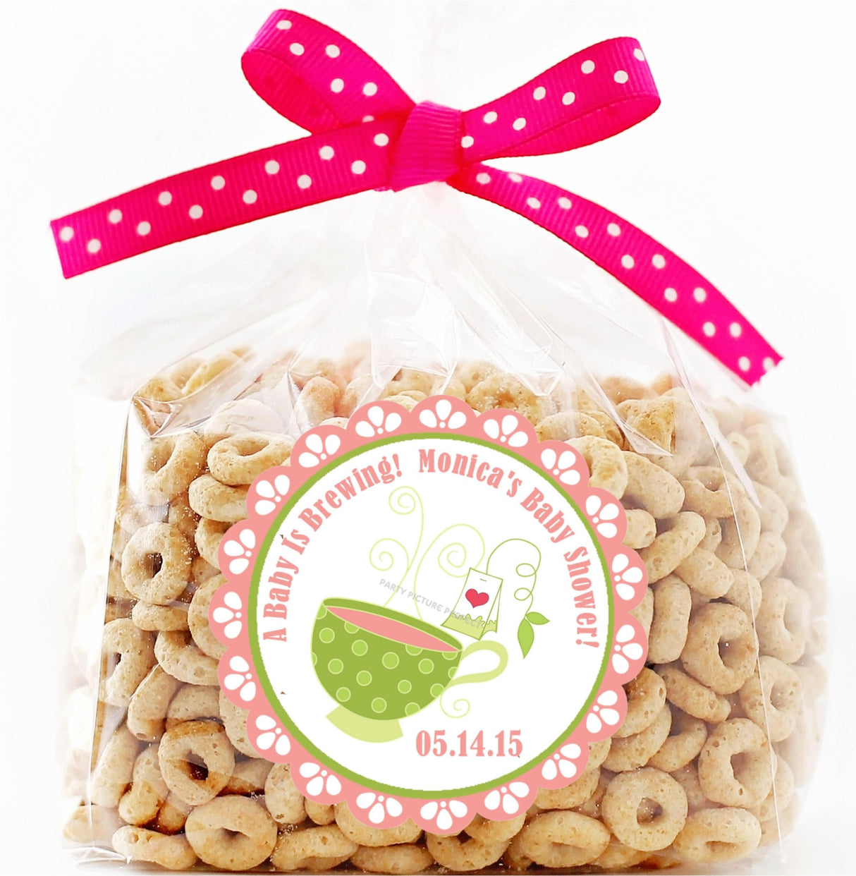 Tea party favor sticker for pink baby shower theme
