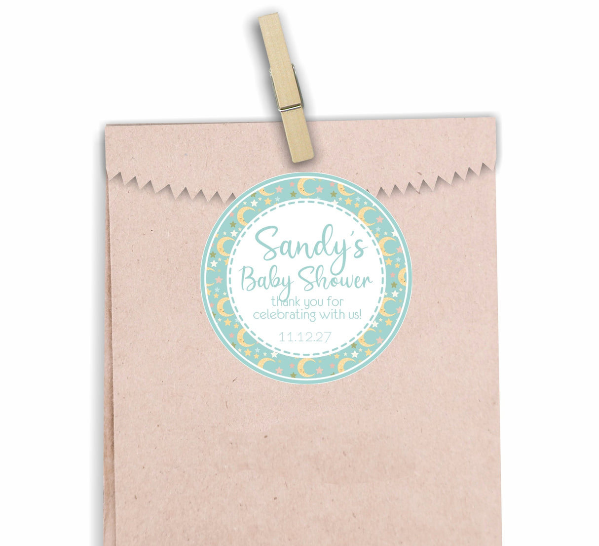 Teal moon and stars baby shower sticker with star pattern border