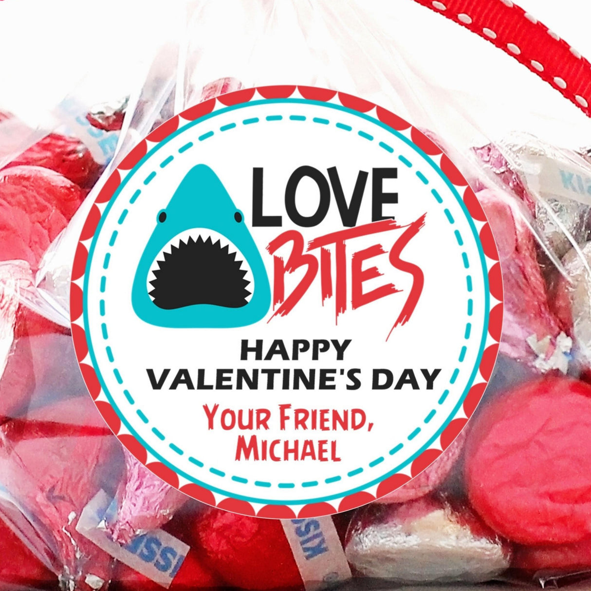 Teal shark Love Bites Valentine sticker personalized