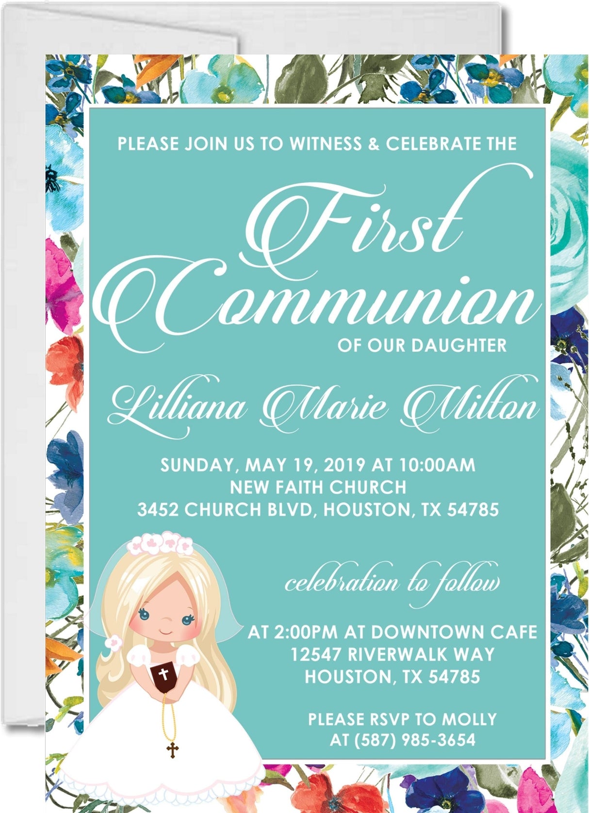 Teal wildflower first holy communion invitation for girls