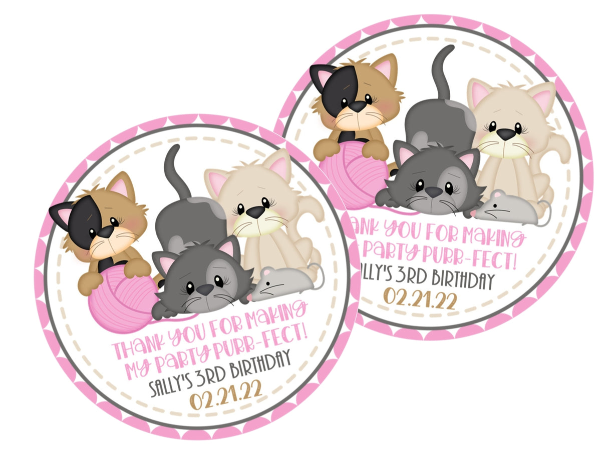 Three kitten birthday sticker with pink patterned border