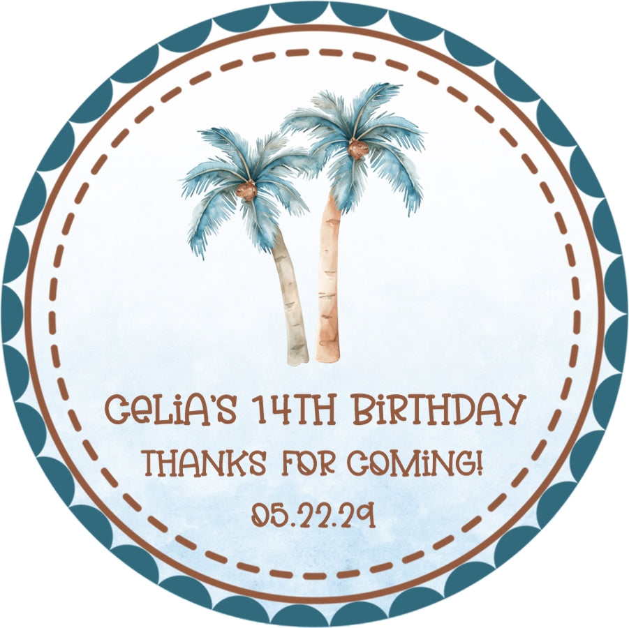 Tropical coastal party favor label with palm trees