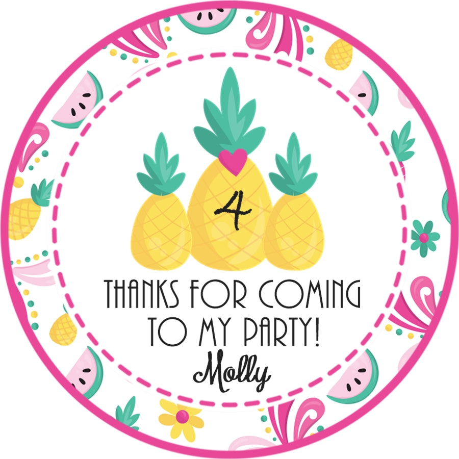 Tropical party favor sticker with pineapple and colorful accents