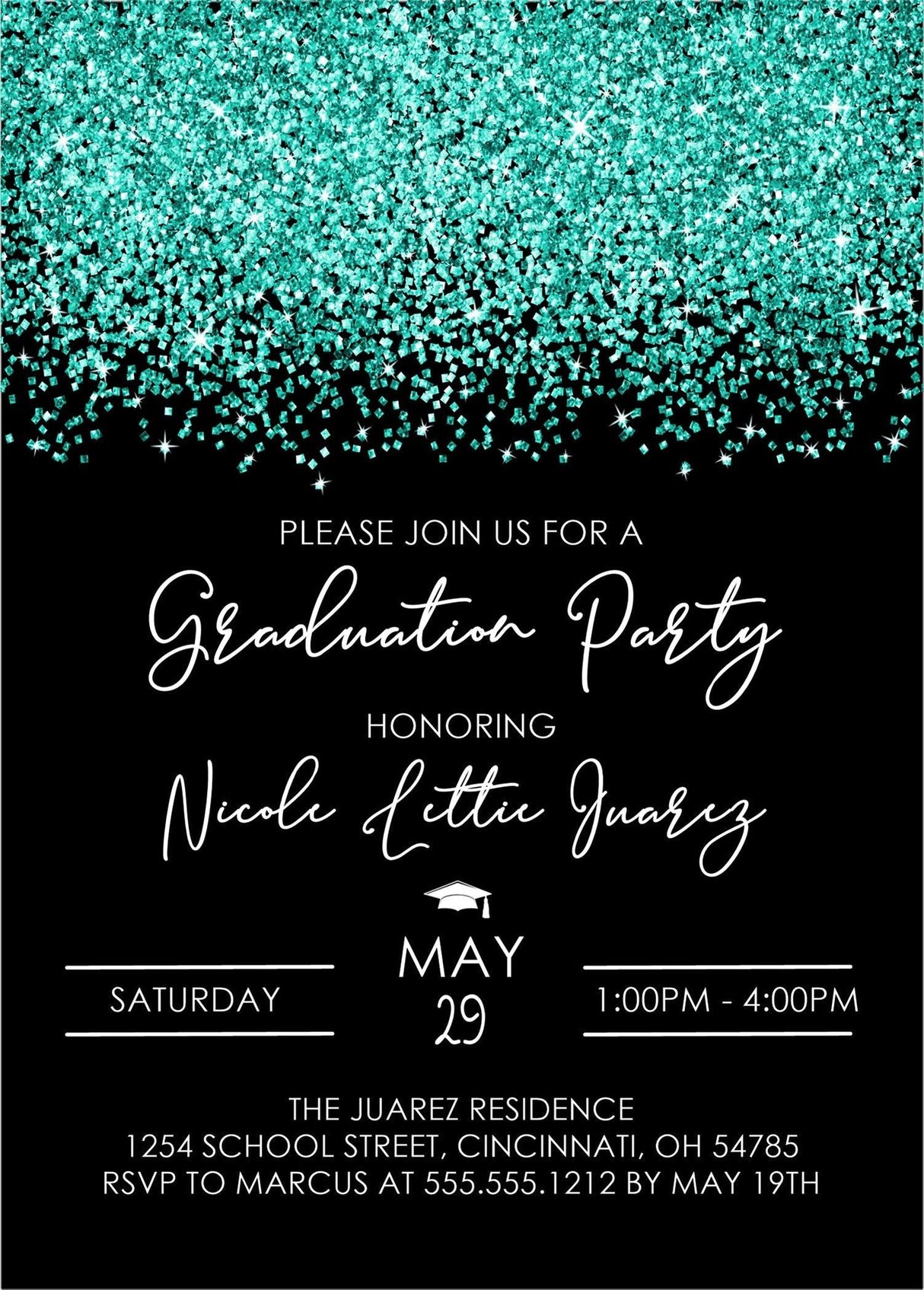 Turquoise And Black Graduation Party Invitations