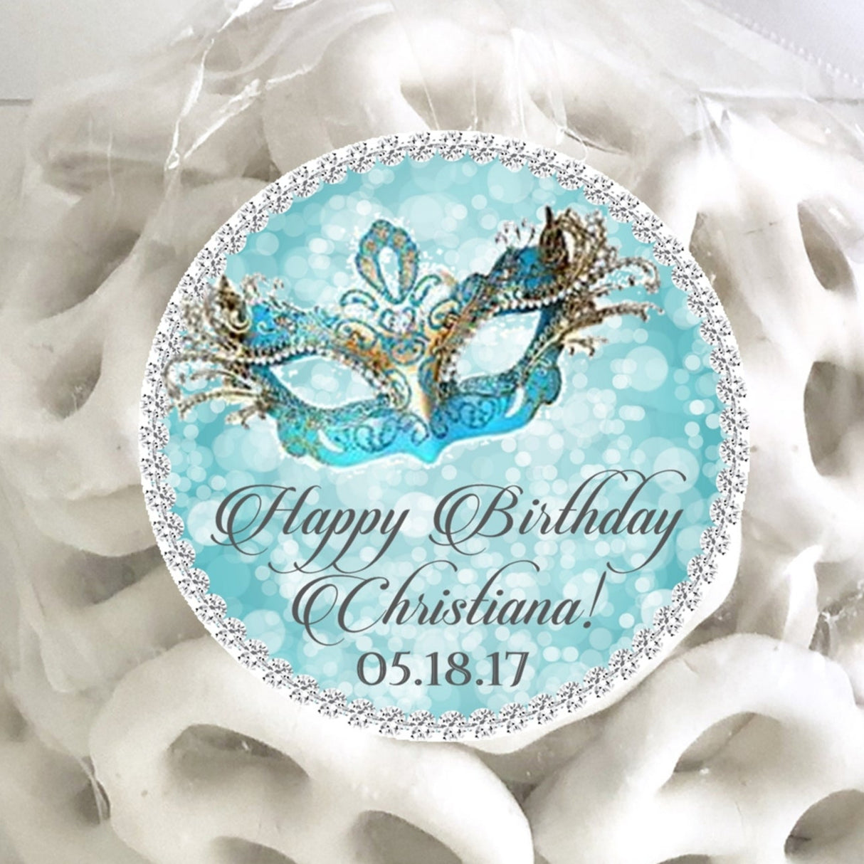 Turquoise and gold masquerade birthday sticker with printed glitter border