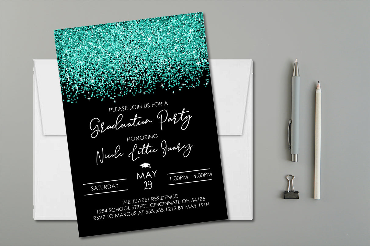 Turquoise graduation party invitation with confetti design on black background