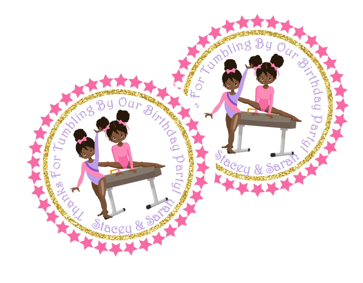 Twin gymnast party favor sticker with gold glitter-style border