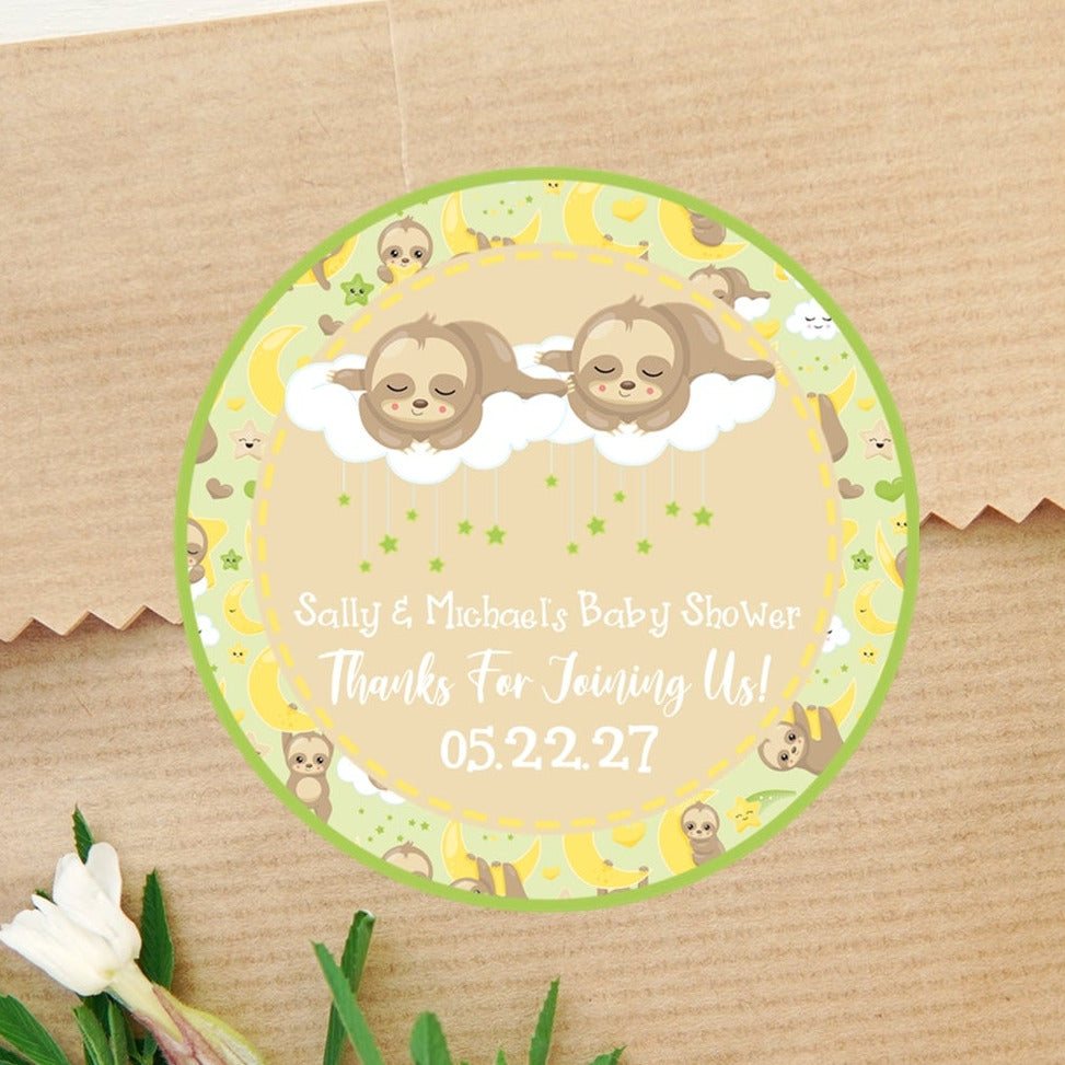 Twin sloth baby shower stickers with moons and stars