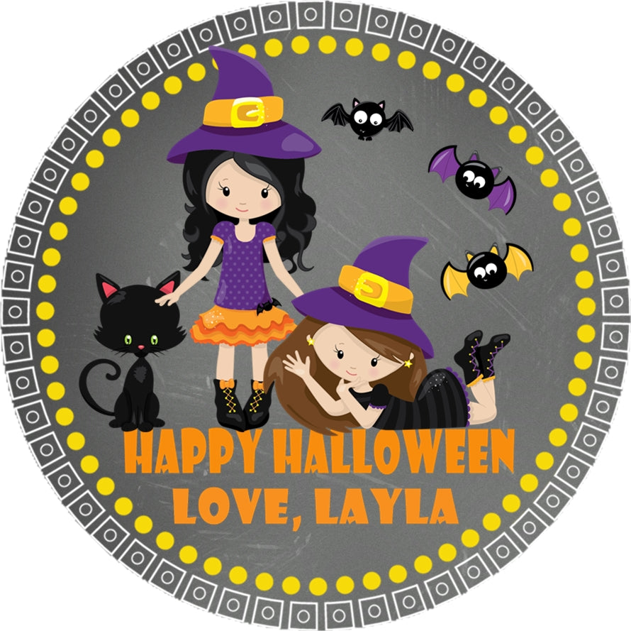 Two witches halloween party stickers
