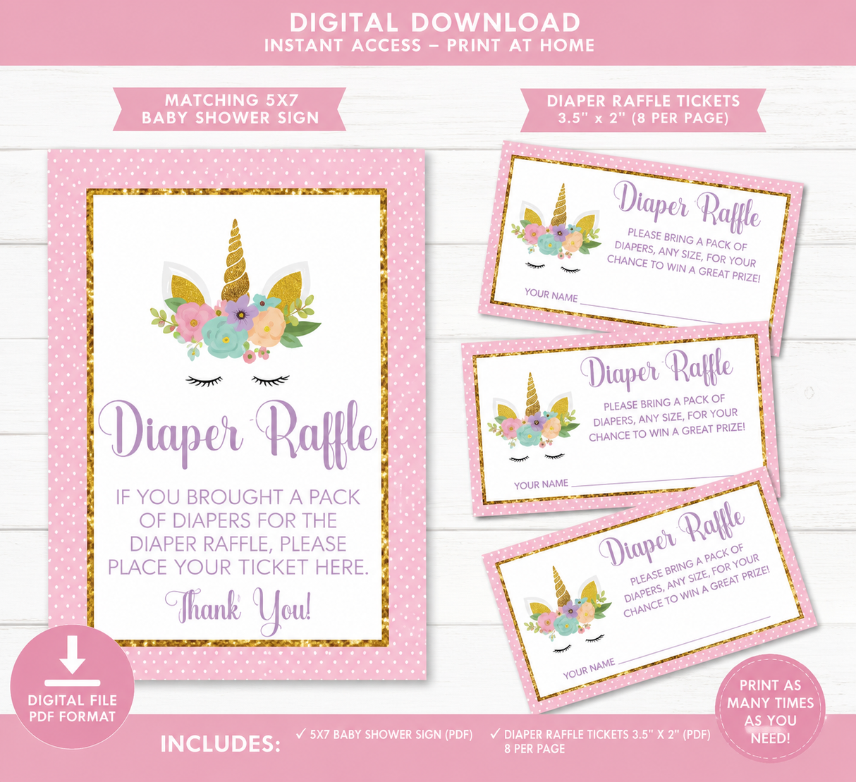 Unicorn Theme Baby Shower Diaper Raffle Sign and Tickets Printable